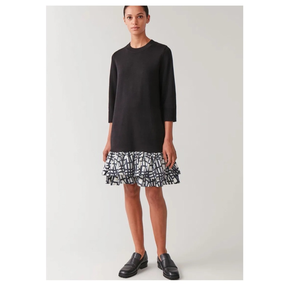 COS Knitted Dress With Woven Pleats Organic Cotton Ribbed Black White Size Small